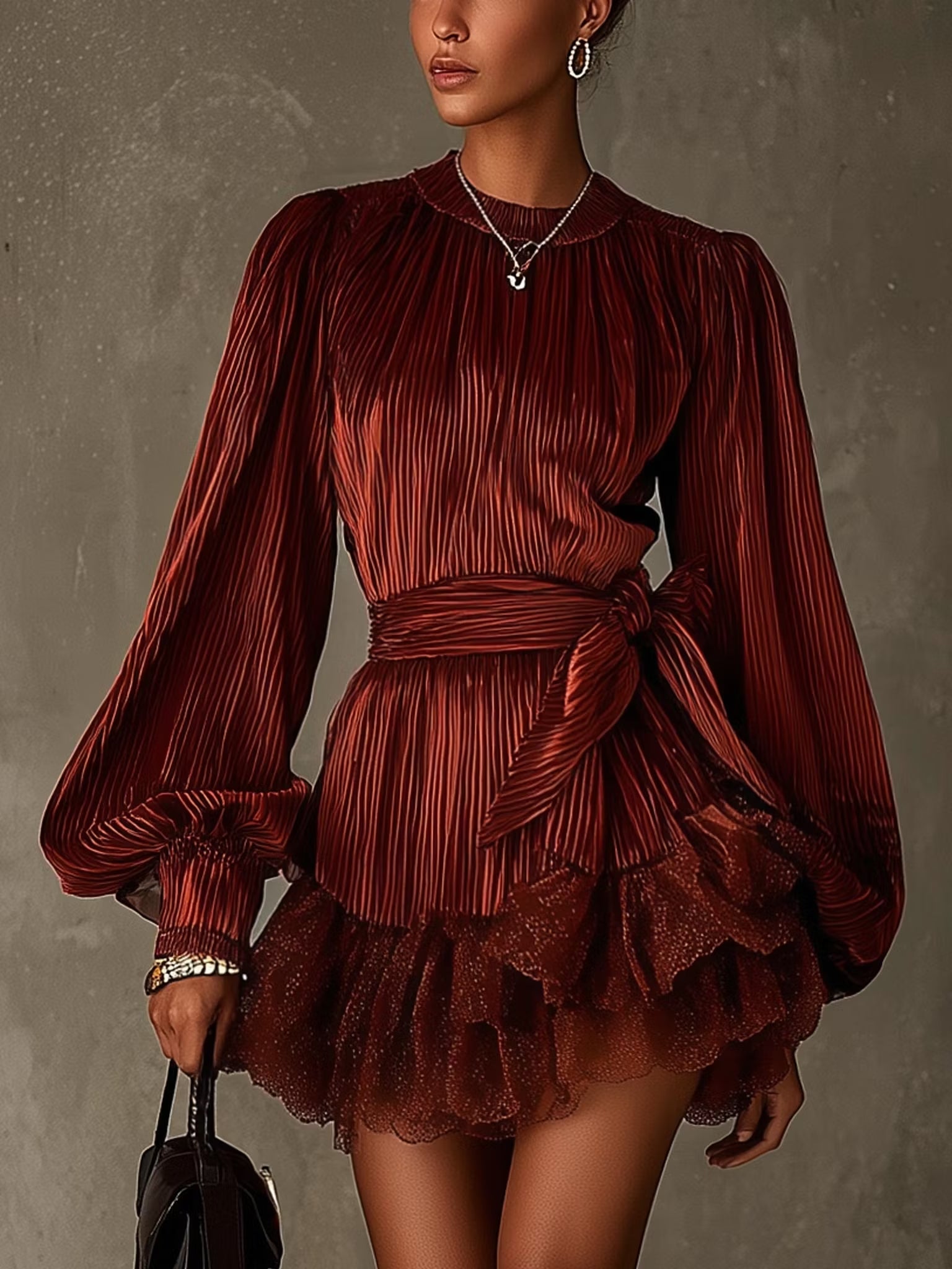 Burgundy Pleated Lantern Sleeve Belted Ruffle Mini Dress