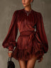 Burgundy Pleated Lantern Sleeve Belted Ruffle Mini Dress