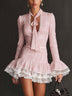 Pink Tie Neck Lace Trim Bell Sleeve Ruffle Mini Dress