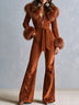 Rust Orange Corduroy Flare Jumpsuit with Faux Fur Collar & Cuffs
