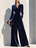Navy Velvet Wide-Leg Jumpsuit With Defined Waist