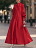 Red High-Neck V-Placket Satin A-Line Maxi Dress