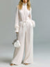 White Zipper-Up Stand Collar Belted Long Sleeve Loose-Fit Wide-Leg Fuzzy Knit Jumpsuit