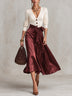 White V Neck Rib Knit Top & Burgundy Satin Lace Tie Midi Skirt Two Piece Set
