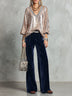 Champagne Sequin V-Neck Balloon Sleeve Top & Navy Velvet Wide Leg Pants Two Piece Set