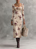 Cream Floral Print Velvet Square Neck Midi Dress