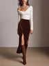 White Off Shoulder Ruched Top & Chocolate Velvet Ruched Slit Midi Skirt Two Piece Set
