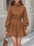 Caramel Brown Turtleneck Balloon Sleeve Pleated Waist Mini Dress