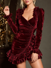 Burgundy Velvet Wrap V-Neck Ruffled Ruched Mini Dress