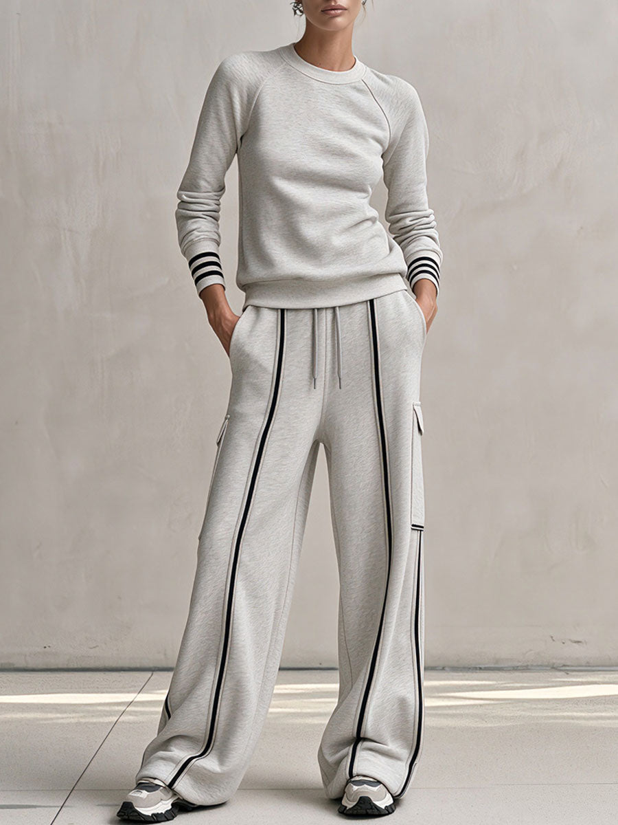 Light Grey Stripe Trim Sweatshirt And Cargo Wide Leg Pant Set