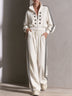 White Double-breasted Piped Jacket And Wide-leg Pants Set