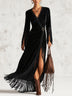 Black Velvet Wrap V-Neck Fringe Maxi Dress
