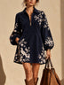 Navy Blue Bird Floral Embroidered Half-Zip Long Sleeve Mini Dress