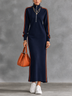 Navy Blue Half-zip Casual Maxi Dress With Orange Side Stripe