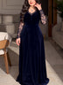 Navy Velvet Sheer floral Lace Sleeve V-Neck Maxi Dress