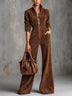 Brown Faux Suede Stand Collar Zip Front Wide Leg Jumpsuit With Leather Trim