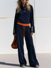 Navy Blue & Orange Gold Button Sweatshirt and Wide Leg Pants Two-Piece Set