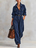 Navy Corduroy Collared Long Sleeve Wide Leg Jumpsuit(With Belt)