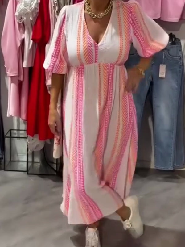 Elegant Pink Striped Floral Print Deep V Dress