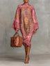 Pink Paisley Print Flared Long Sleeve Loose Midi Dress