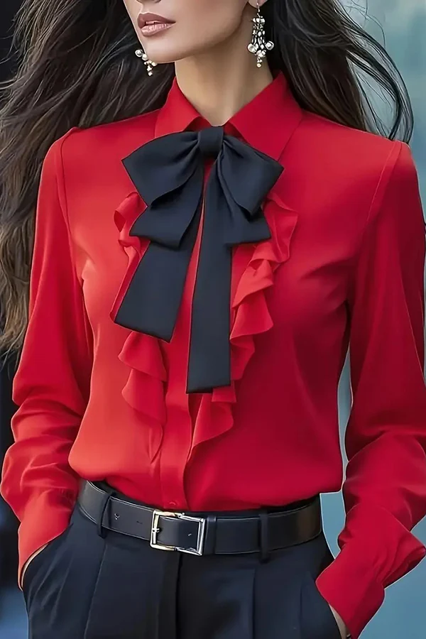 Ruffled Bow Tie Casual Long-sleeved Shirt
