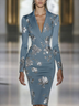 Elegant Blue Floral Print Blazer Midi Dress