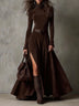 Dark Brown Faux Suede Turtleneck Long Sleeve Slit Maxi Dress（Including belt）
