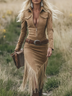 Vintage Western Lapel Zipper Tassel Midi Dress(Without belt)