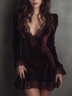 Burgundy Velvet Lace-trimmed V-neck Mini Dress