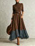 Brown Turtleneck Maxi Dress With Blue Lace Hem