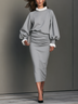 Grey Puff Sleeve Midi Dress With White Lace Trim