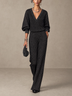 Black Beaded V-neck Knit Top & Wide Leg Pants Two Piece Set