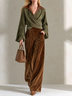 Olive Green Wrap Top & Brown Wide Leg Pants Two-Piece Set