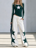 Navy Star Print Long Sleeve Top & Wide-Leg Pants Set