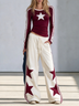 Navy Star Print Long Sleeve Top & Wide-Leg Pants Set