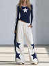 Navy Star Print Long Sleeve Top & Wide-Leg Pants Set