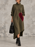 Olive Green Turtleneck Asymmetrical Midi Dress with Heart Pocket
