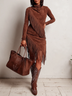 Elegant Brown Suede-Like Fringe Long Sleeve Dress – Western-Inspired Chic Style