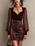 Elegant Burgundy Velvet Floral Jacquard Mini Dress with Sheer Sleeves – Sophisticated Evening