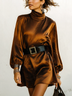 Elegant Brown Satin High Neck Long Sleeve Mini Dress – Chic & Sophisticated Style