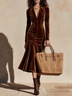 Elegant Brown Velvet Long Sleeve Midi Dress with Flared Hem – Sophisticated Vintage Style