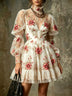 Elegant Floral Embroidered Mesh Mini Dress with Puff Sleeves – Feminine Romantic Style