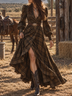 Vintage Plaid Wrap Maxi Dress with Long Puff Sleeves – Western Country Style