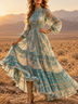 Bohemian Blue Floral Print Maxi Dress with High Neck & Tiered Skirt – Effortless Feminine Style