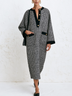 Elegant Black & White Houndstooth Midi Dress with Gold Button Details and Pockets