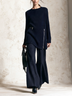 Elegant Navy Knit Zip Detail Two-Piece Set with Longline Top and Wide-Leg Pants