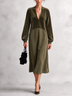 Elegant Olive Green Satin V-Neck Balloon Sleeve Midi Dress