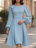 Elegant Light Blue 3D Floral Shoulder Detail Puff Sleeve Midi Dress
