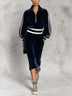 Navy Velour Half-Zip Striped Collar Midi Dress with Pockets