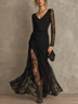 Elegant Black Lace Long Sleeve Maxi Dress with Ruched Waist and Flowing Hem